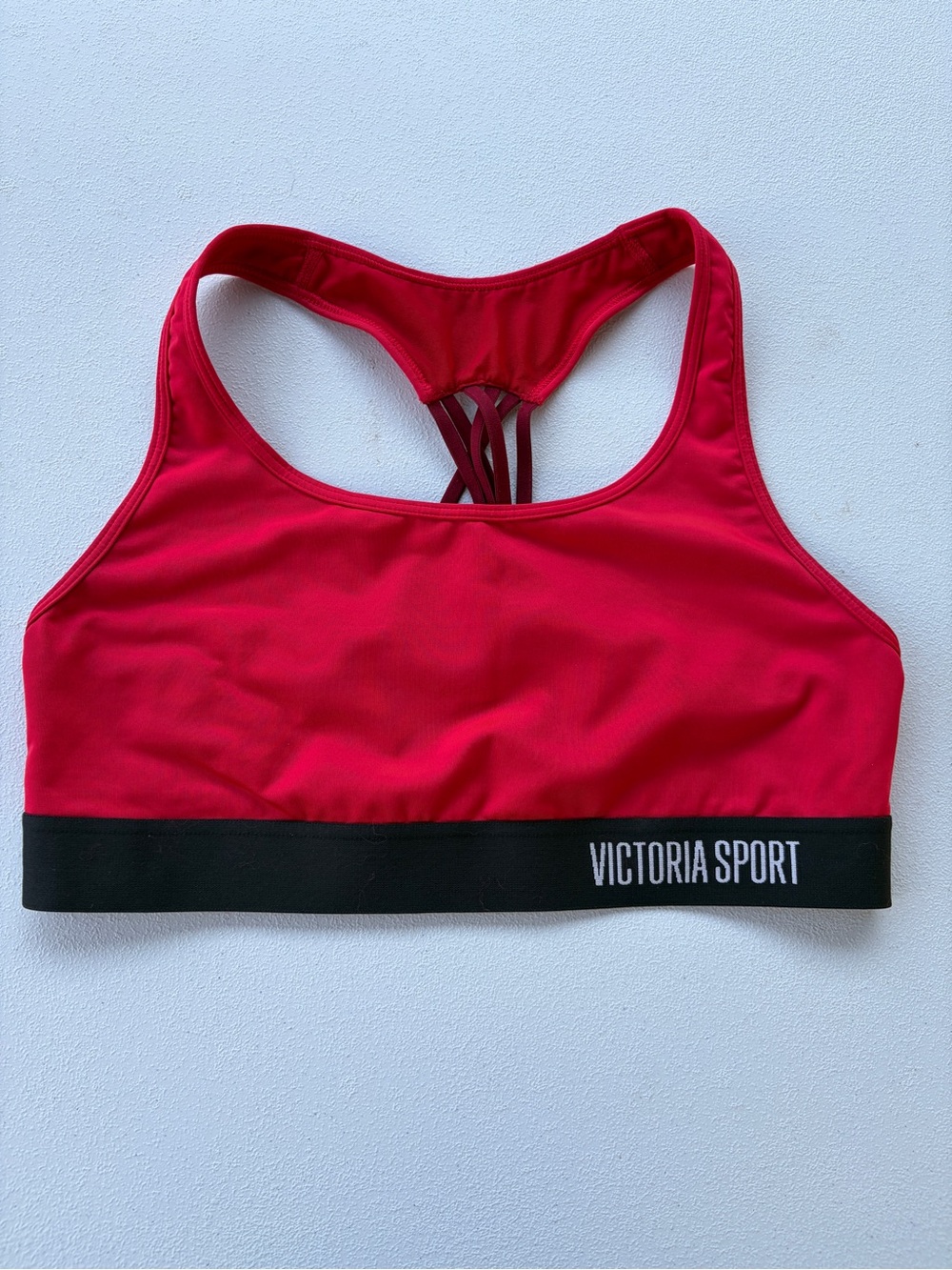 Victoria Sport Red Strappy Cage Racerback Sports Bra Solid Black Logo Band S